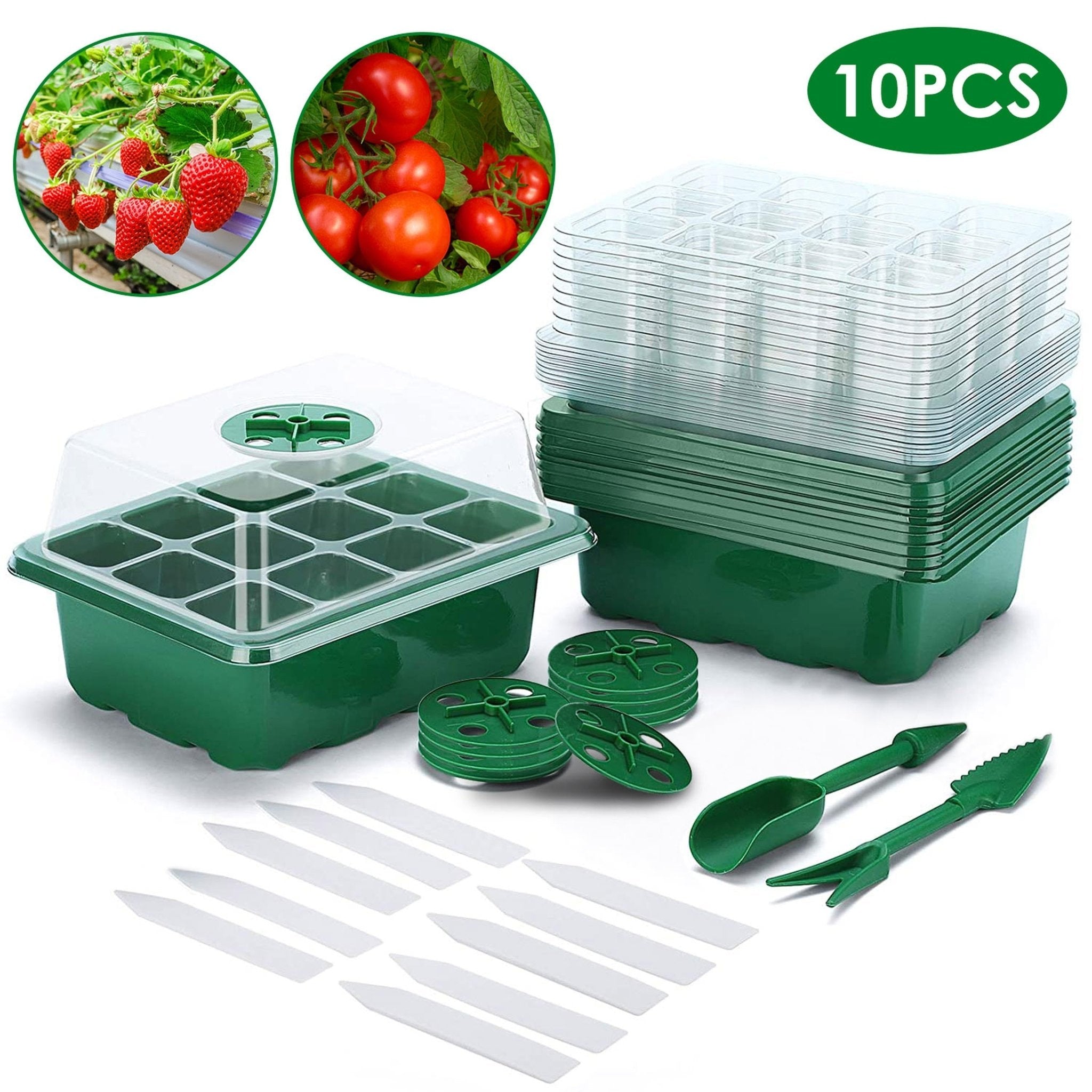 10Pcs Seed Starter Tray Kit Reusable Overall 120Cells Seeding Propagator Station Greenhouse Growing Germination Tray with Humidity Dome Label 2Pcs Gar - Cheeky Garden