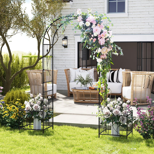 2 in 1 Garden Arbor with 2 Side Planters and 8 Ground Stakes-Black - Cheeky Garden