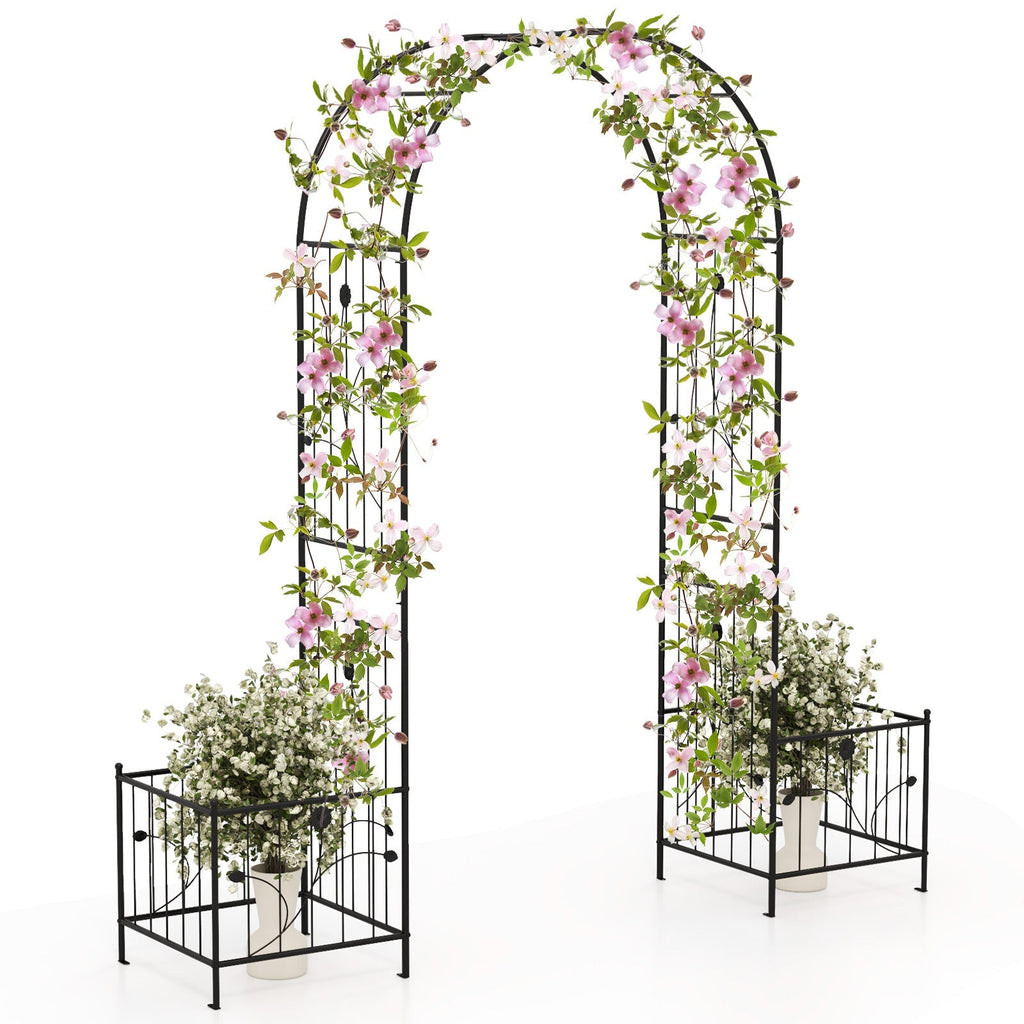 2 in 1 Garden Arbor with 2 Side Planters and 8 Ground Stakes-Black - Cheeky Garden