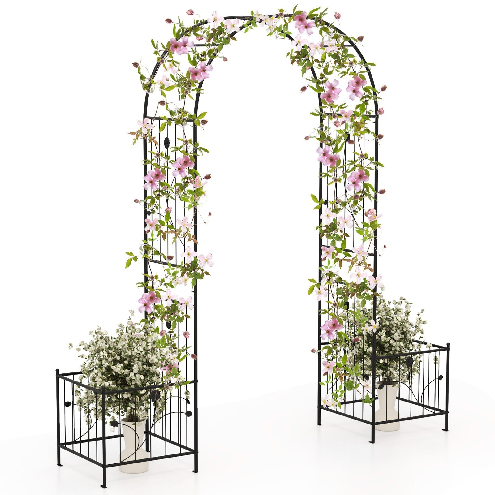 2 in 1 Garden Arbor with 2 Side Planters and 8 Ground Stakes-Black - Cheeky Garden