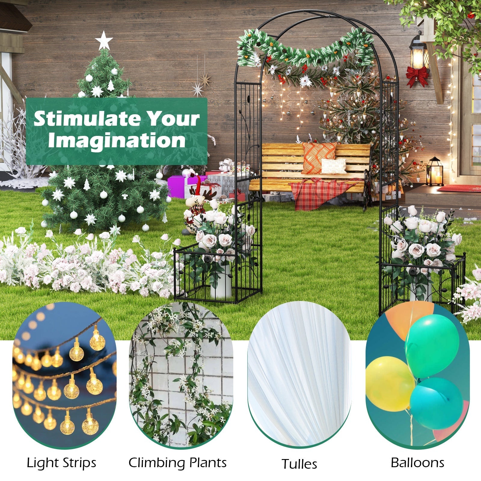 2 in 1 Garden Arbor with 2 Side Planters and 8 Ground Stakes-Black - Cheeky Garden