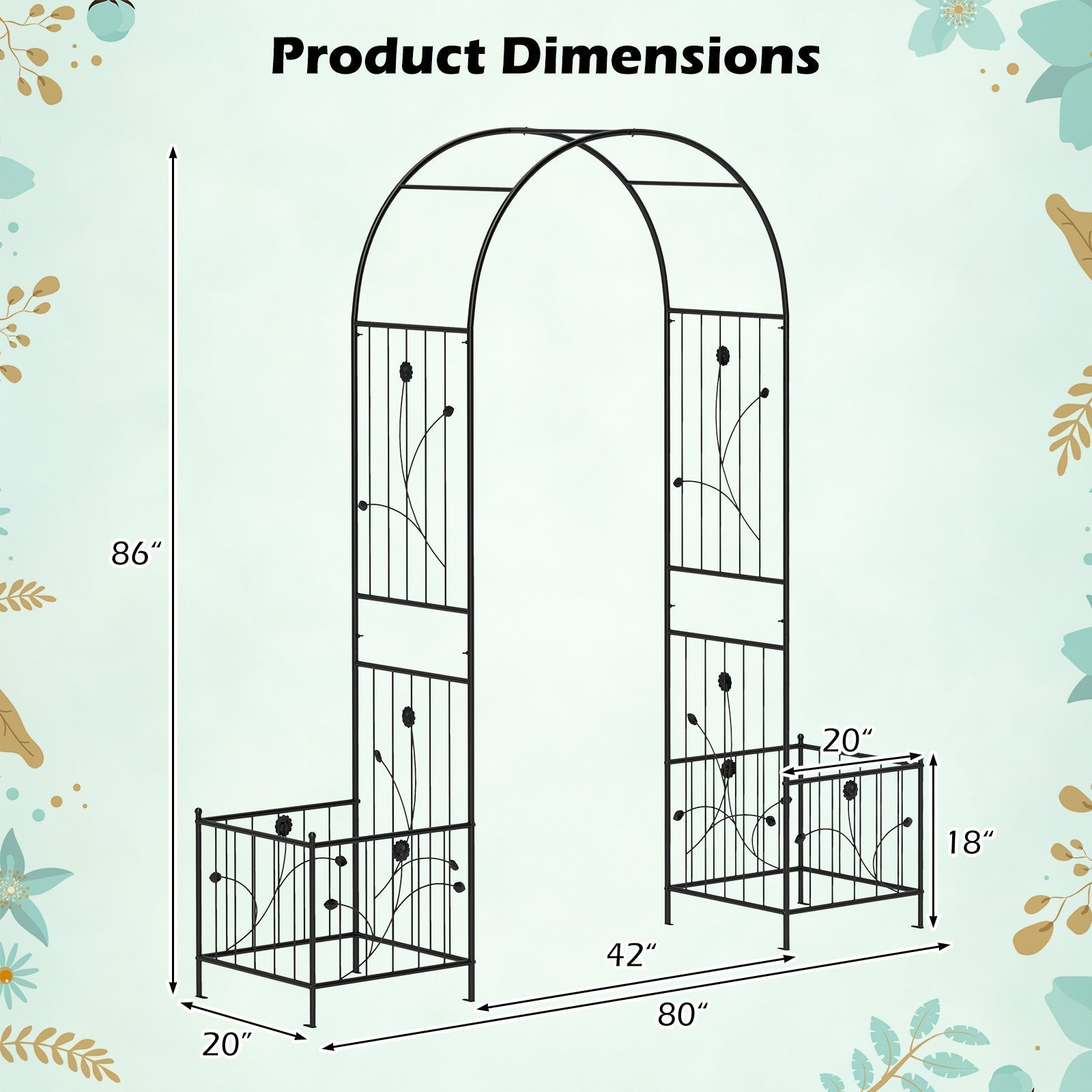 2 in 1 Garden Arbor with 2 Side Planters and 8 Ground Stakes-Black - Cheeky Garden
