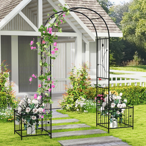 2 in 1 Garden Arbor with 2 Side Planters and 8 Ground Stakes-Black - Cheeky Garden