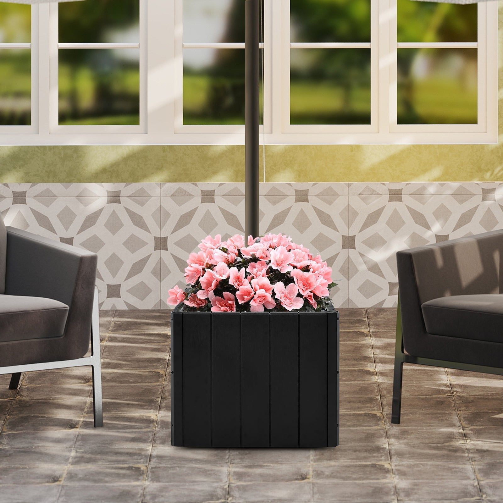 2-in-1 Outdoor Umbrella Base Planter Patio Umbrella Stand with Flower Box-Black - Cheeky Garden
