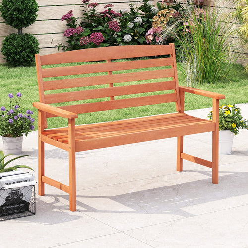 2-Person Wooden Garden Bench with Slatted Backrest and Comfortable Armrests - Cheeky Garden