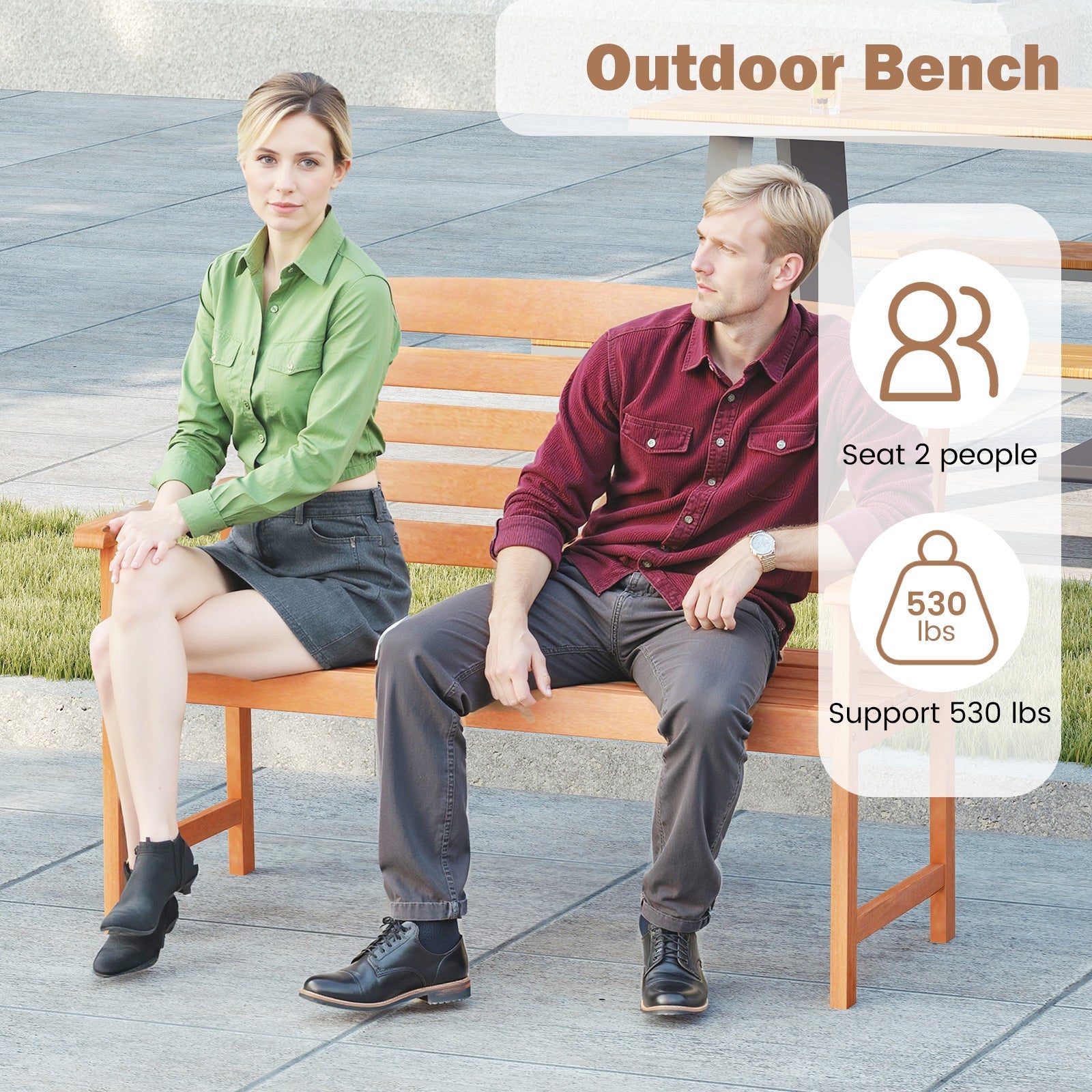 2-Person Wooden Garden Bench with Slatted Backrest and Comfortable Armrests - Cheeky Garden