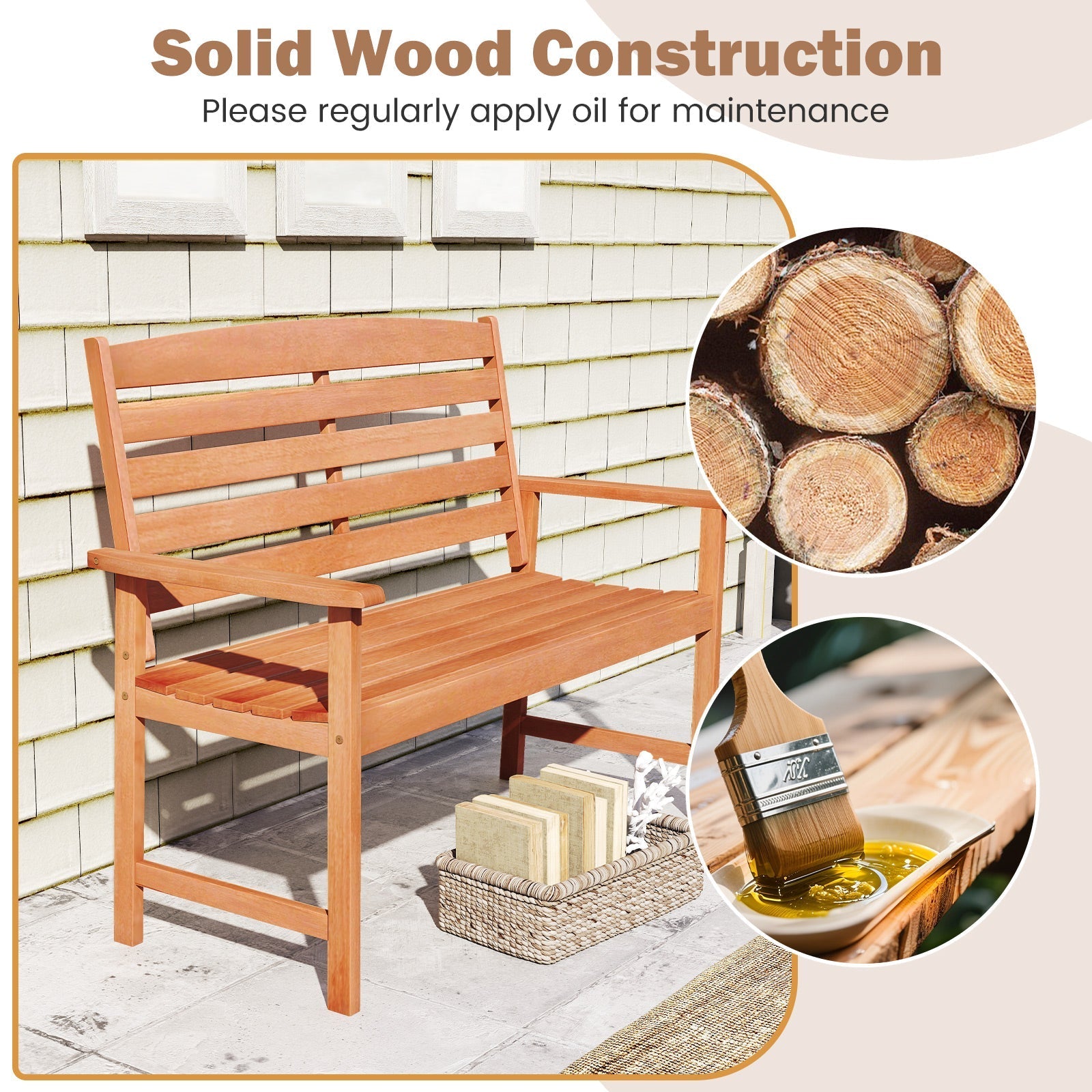 2-Person Wooden Garden Bench with Slatted Backrest and Comfortable Armrests - Cheeky Garden