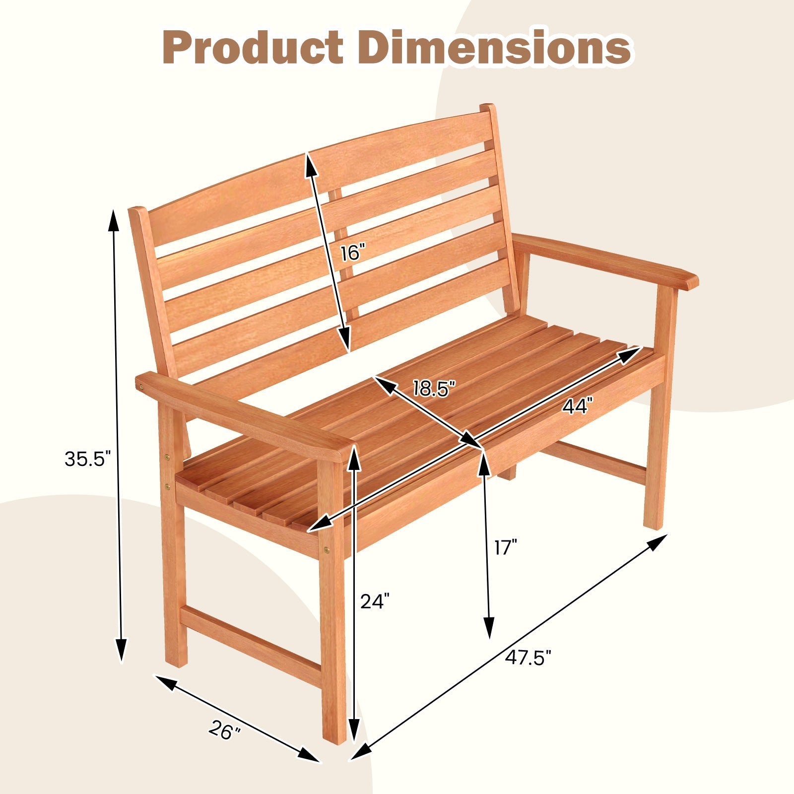 2-Person Wooden Garden Bench with Slatted Backrest and Comfortable Armrests - Cheeky Garden