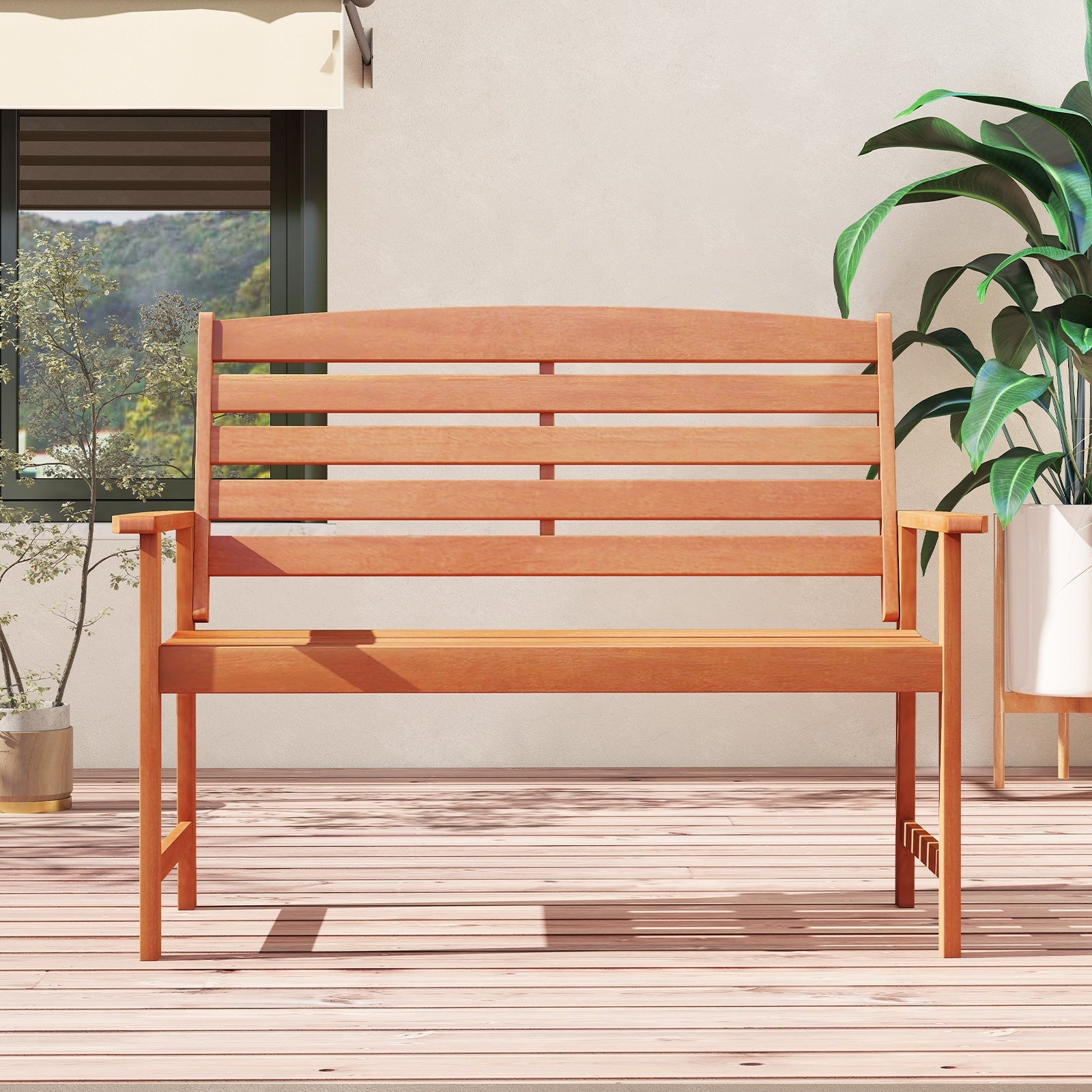 2-Person Wooden Garden Bench with Slatted Backrest and Comfortable Armrests - Cheeky Garden