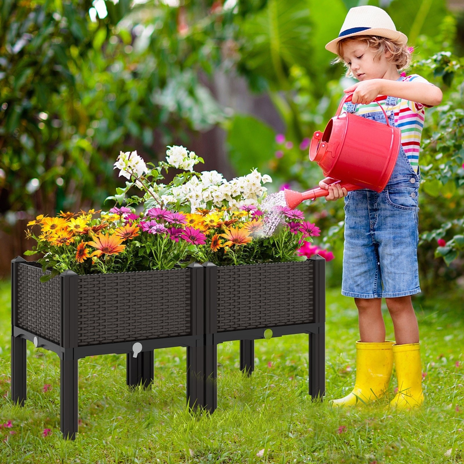 2 Set Elevated Plastic Raised Garden Bed Planter Kit for Flower Vegetable Grow-Brown - Cheeky Garden