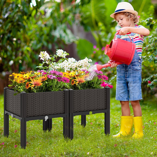 2 Set Elevated Plastic Raised Garden Bed Planter Kit for Flower Vegetable Grow-Brown - Cheeky Garden