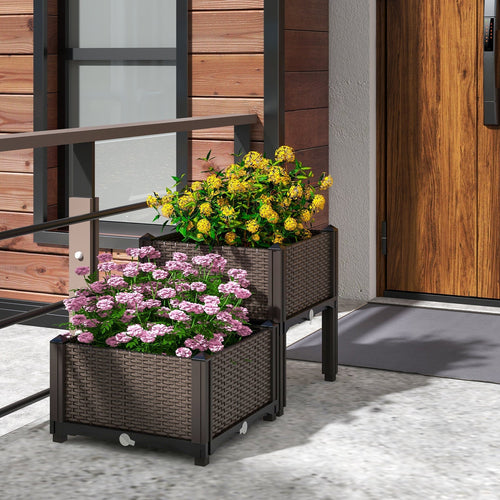 2 Set Elevated Plastic Raised Garden Bed Planter Kit for Flower Vegetable Grow-Brown - Cheeky Garden