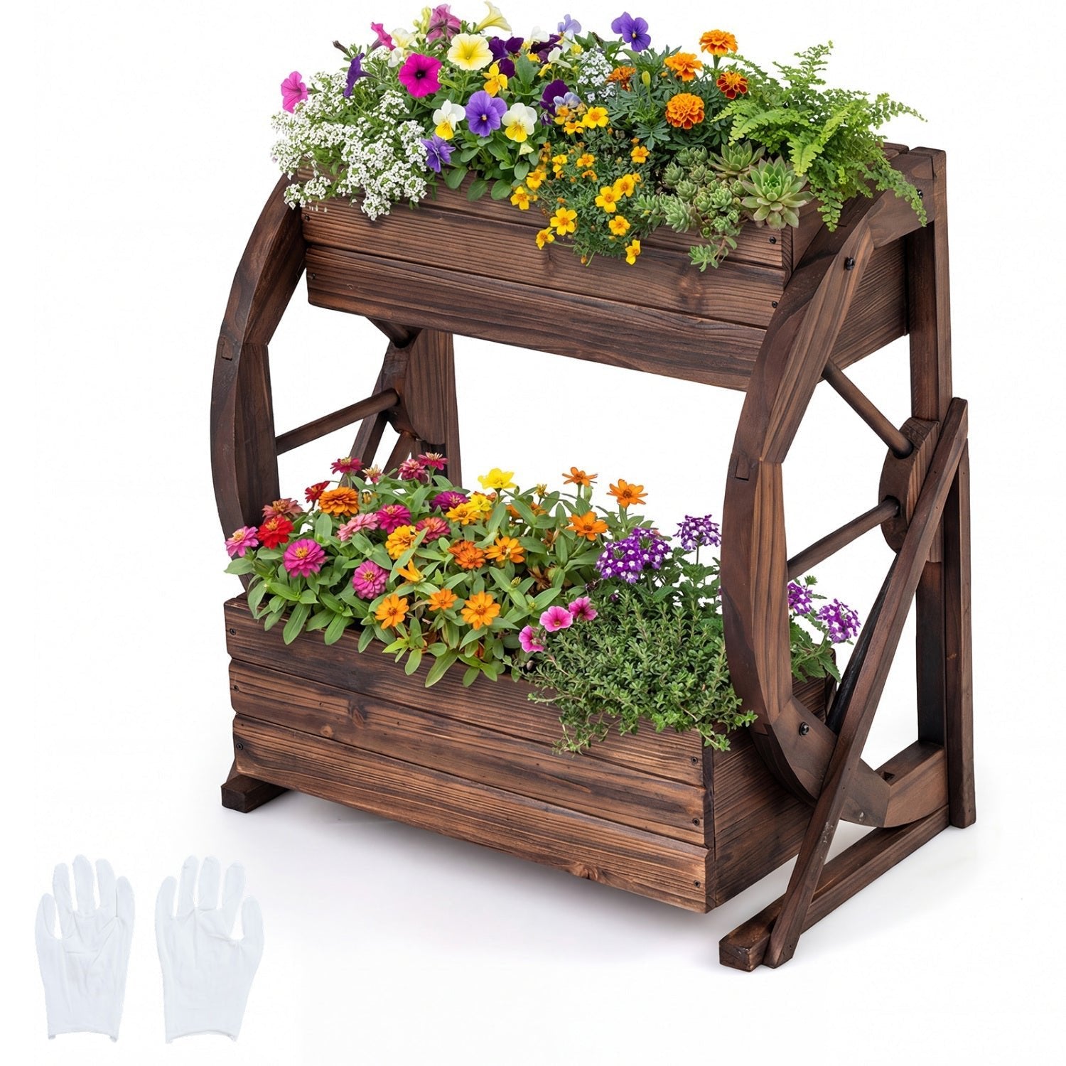 2-tier Raised Garden Bed Rustic Wood Wagon Planter with Drainage Holes and Semi-wheels-Coffee - Cheeky Garden