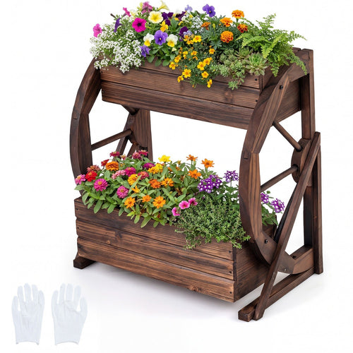 2-tier Raised Garden Bed Rustic Wood Wagon Planter with Drainage Holes and Semi-wheels-Coffee - Cheeky Garden