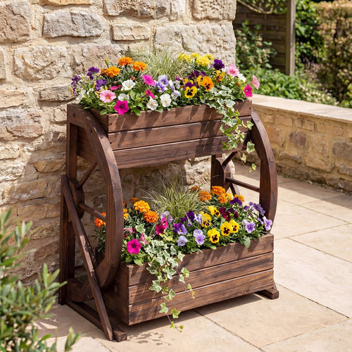 2-tier Raised Garden Bed Rustic Wood Wagon Planter with Drainage Holes and Semi-wheels-Coffee - Cheeky Garden