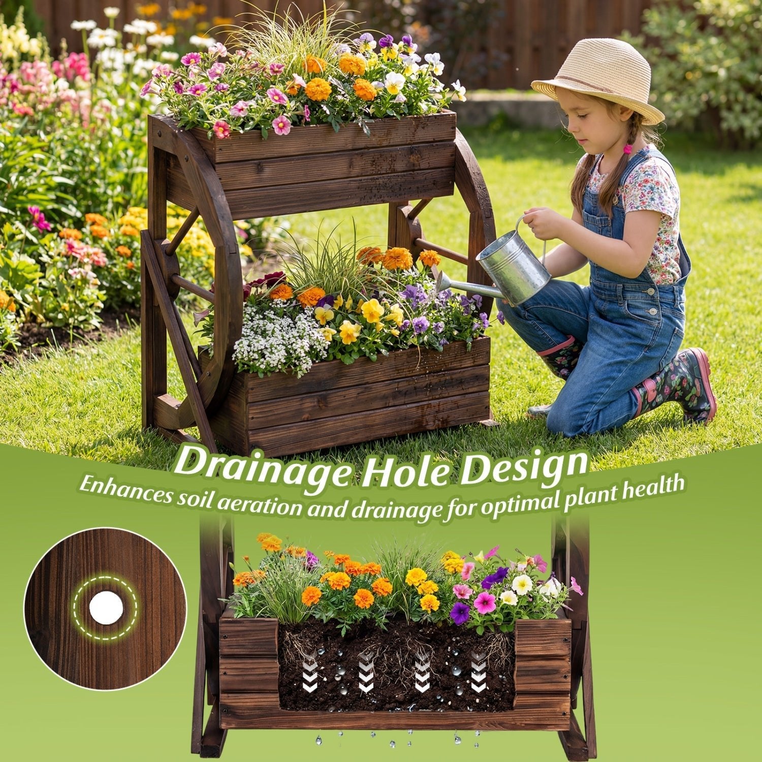 2-tier Raised Garden Bed Rustic Wood Wagon Planter with Drainage Holes and Semi-wheels-Coffee - Cheeky Garden