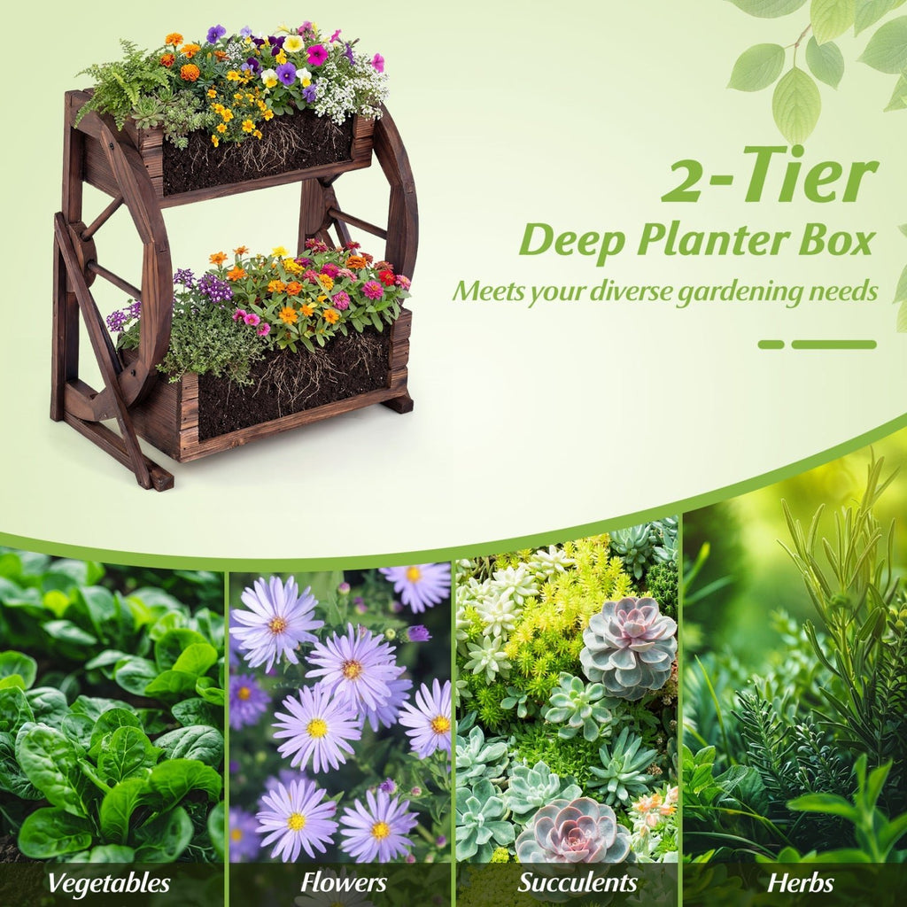 2-tier Raised Garden Bed Rustic Wood Wagon Planter with Drainage Holes and Semi-wheels-Coffee - Cheeky Garden