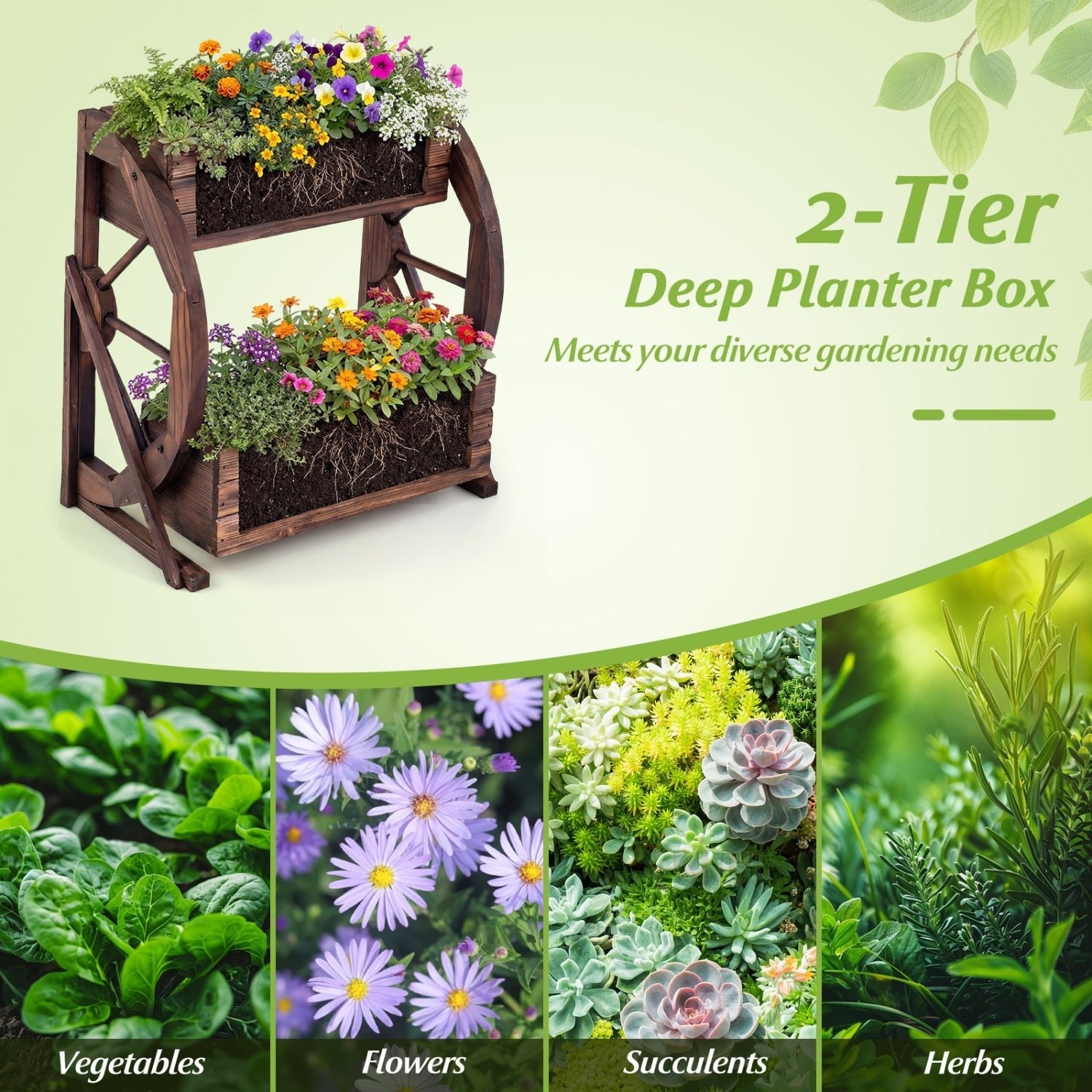 2-tier Raised Garden Bed Rustic Wood Wagon Planter with Drainage Holes and Semi-wheels-Coffee - Cheeky Garden