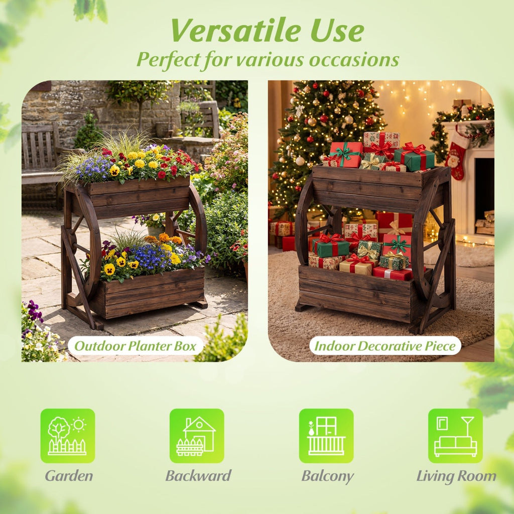 2-tier Raised Garden Bed Rustic Wood Wagon Planter with Drainage Holes and Semi-wheels-Coffee - Cheeky Garden