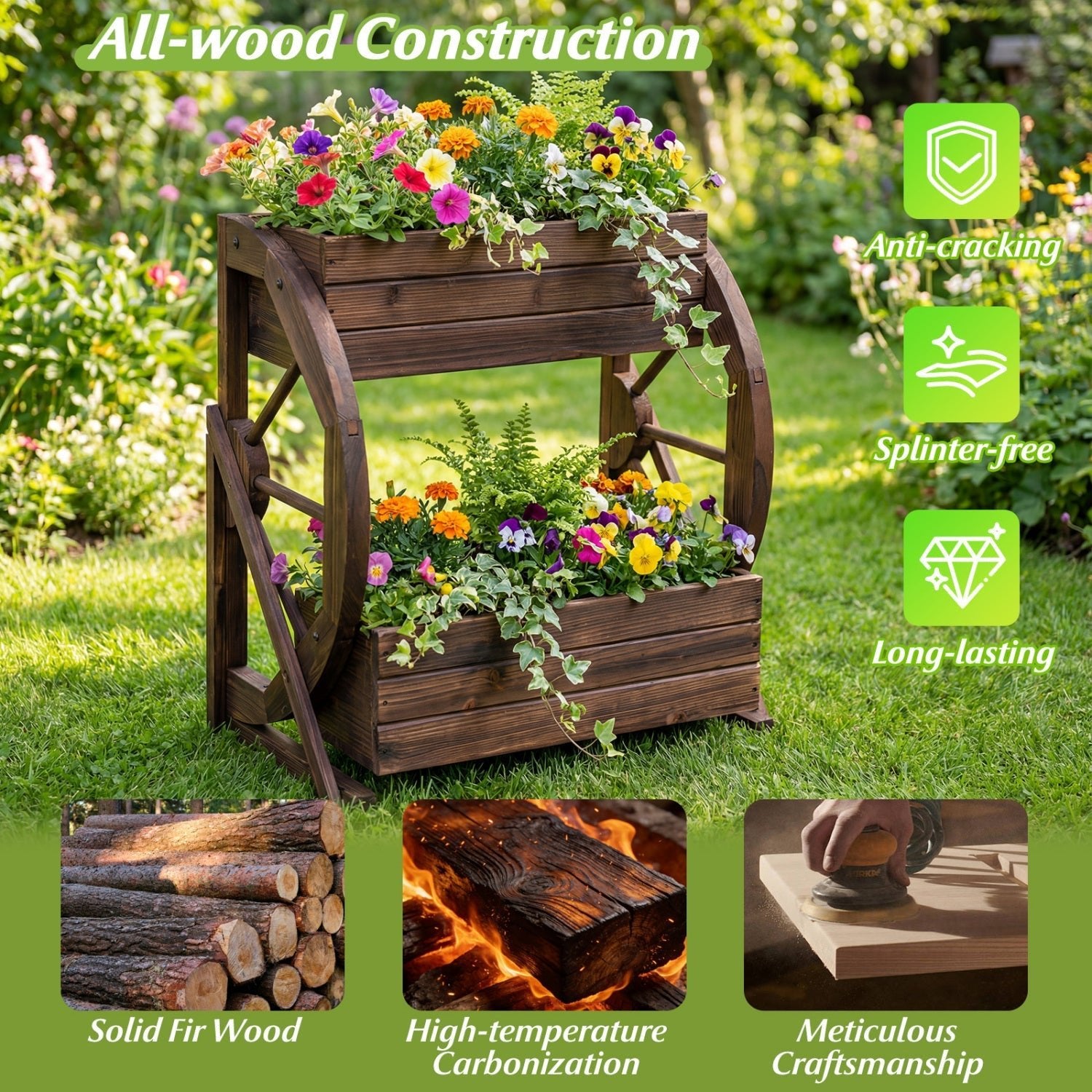 2-tier Raised Garden Bed Rustic Wood Wagon Planter with Drainage Holes and Semi-wheels-Coffee - Cheeky Garden