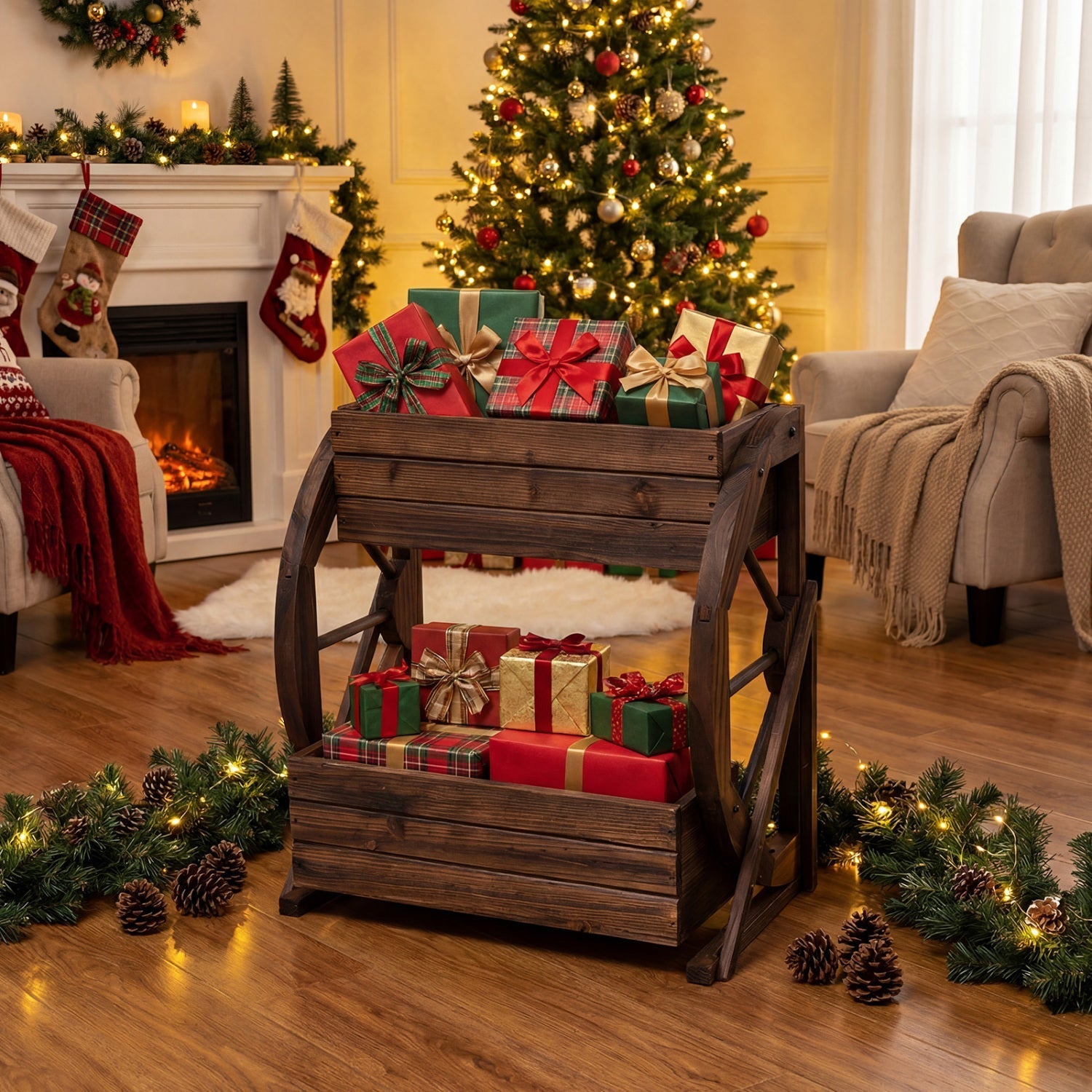 2-tier Raised Garden Bed Rustic Wood Wagon Planter with Drainage Holes and Semi-wheels-Coffee - Cheeky Garden