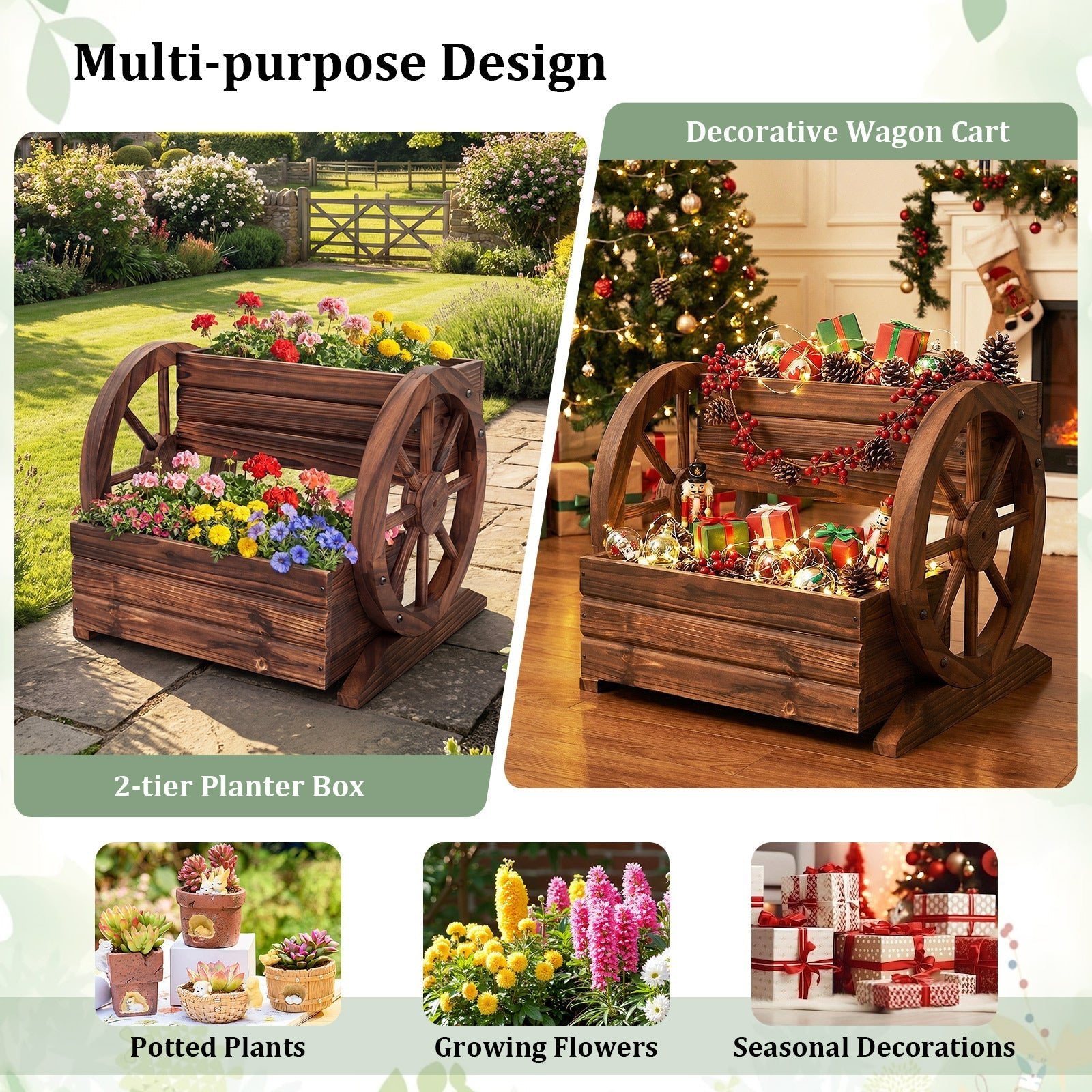 2-Tier Raised Garden Bed Rustic Wood Wagon Shape with Drainage Holes and Wheels-Coffee - Cheeky Garden