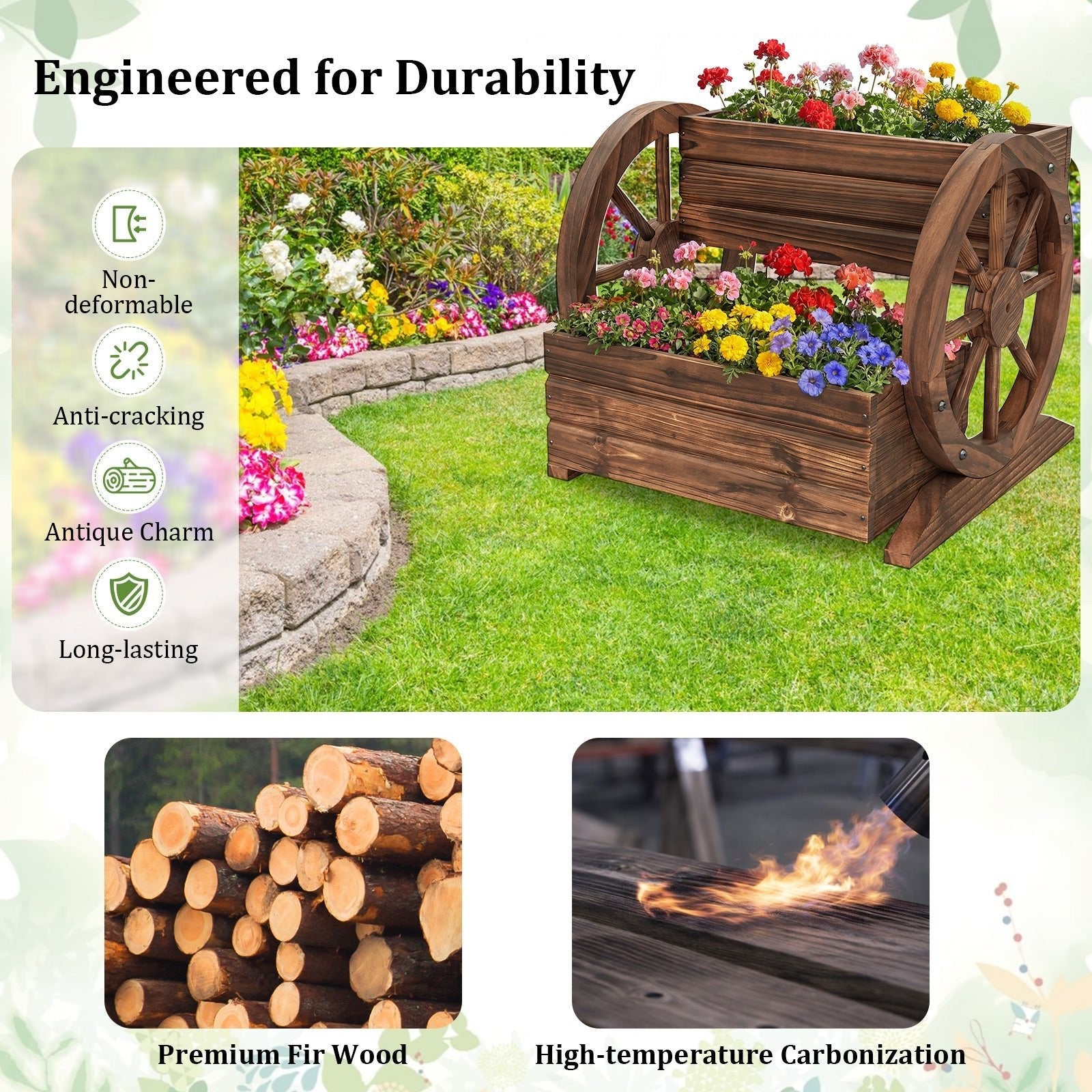 2-Tier Raised Garden Bed Rustic Wood Wagon Shape with Drainage Holes and Wheels-Coffee - Cheeky Garden