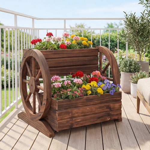 2-Tier Raised Garden Bed Rustic Wood Wagon Shape with Drainage Holes and Wheels-Coffee - Cheeky Garden