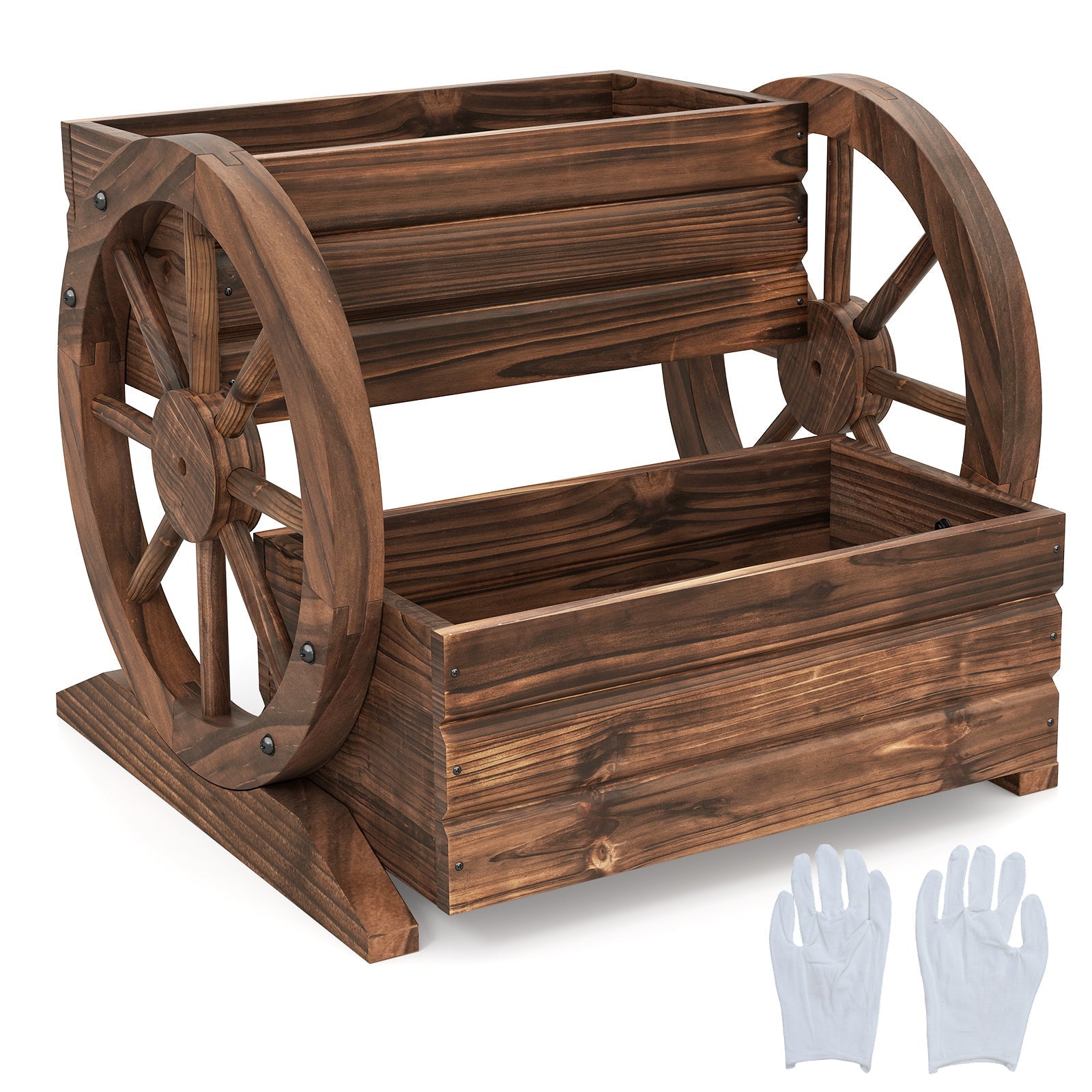 2-Tier Raised Garden Bed Rustic Wood Wagon Shape with Drainage Holes and Wheels-Coffee - Cheeky Garden