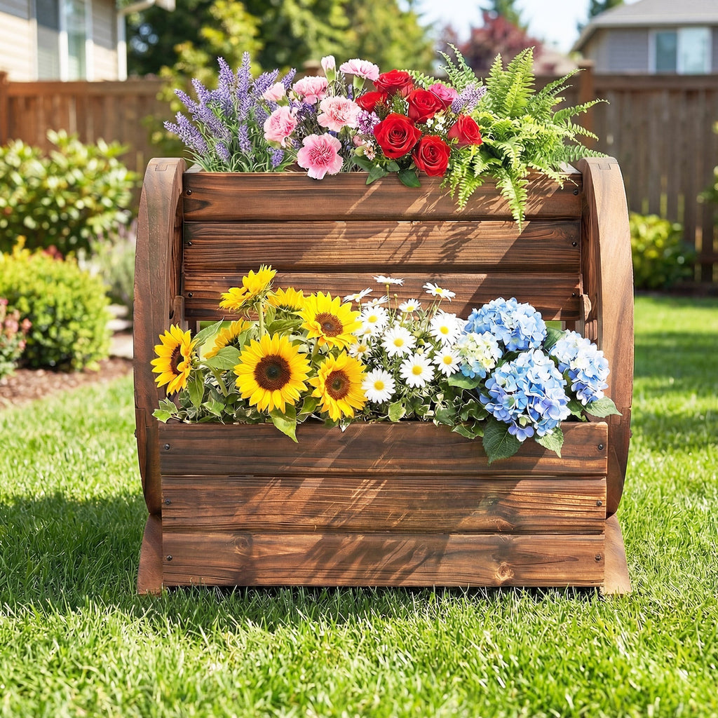 2-Tier Raised Garden Bed Rustic Wood Wagon Shape with Drainage Holes and Wheels-Coffee - Cheeky Garden