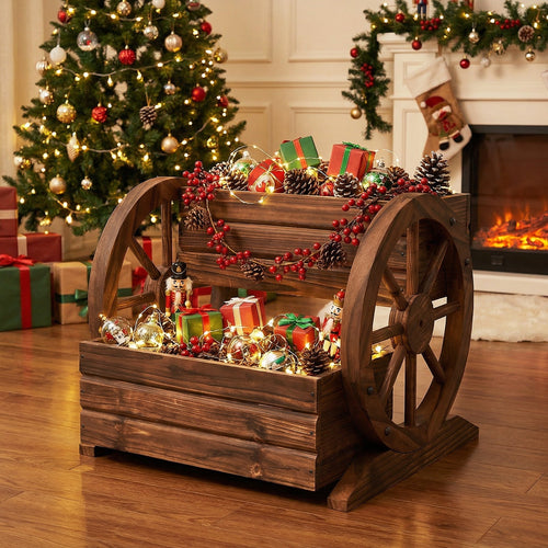 2-Tier Raised Garden Bed Rustic Wood Wagon Shape with Drainage Holes and Wheels-Coffee - Cheeky Garden
