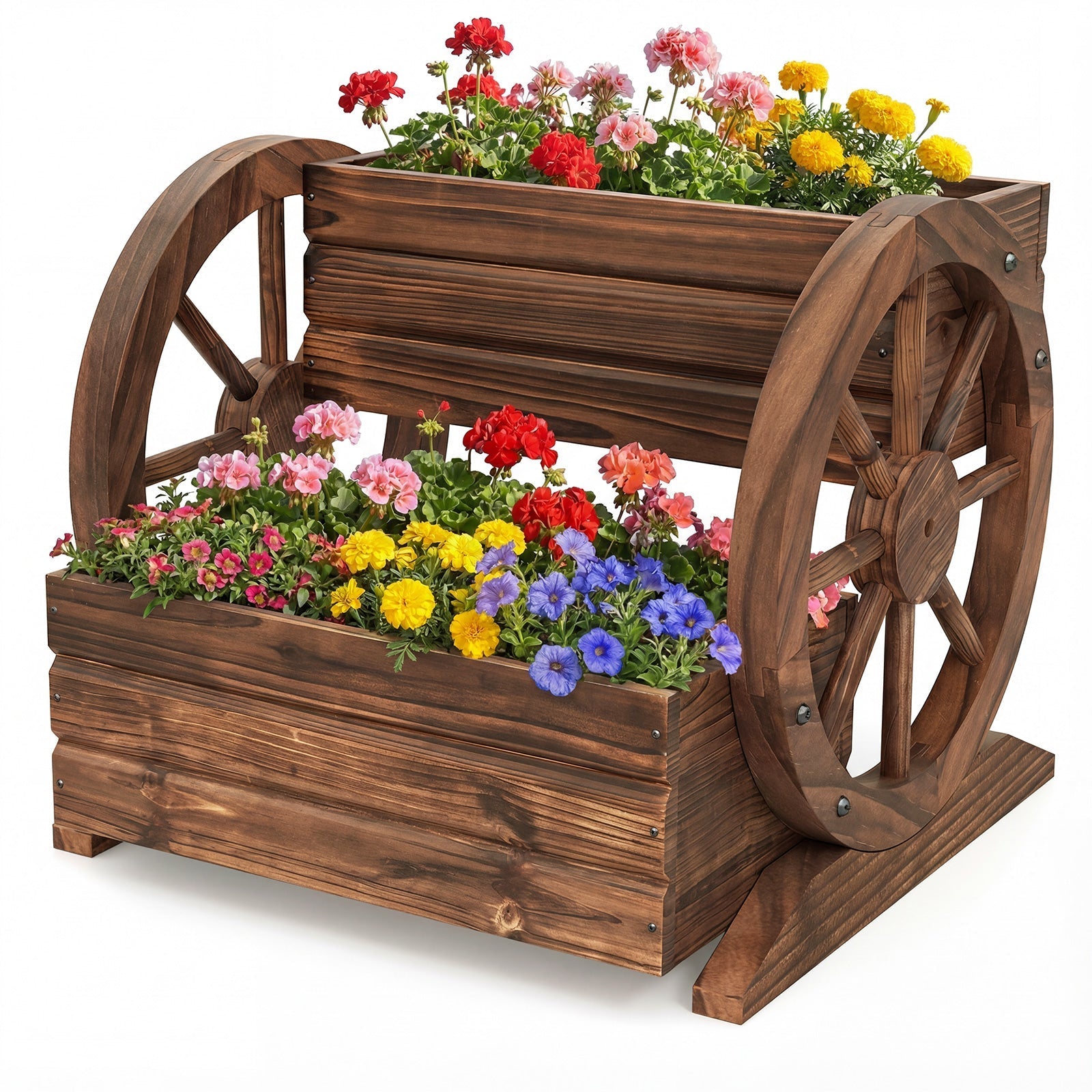 2-Tier Raised Garden Bed Rustic Wood Wagon Shape with Drainage Holes and Wheels-Coffee - Cheeky Garden