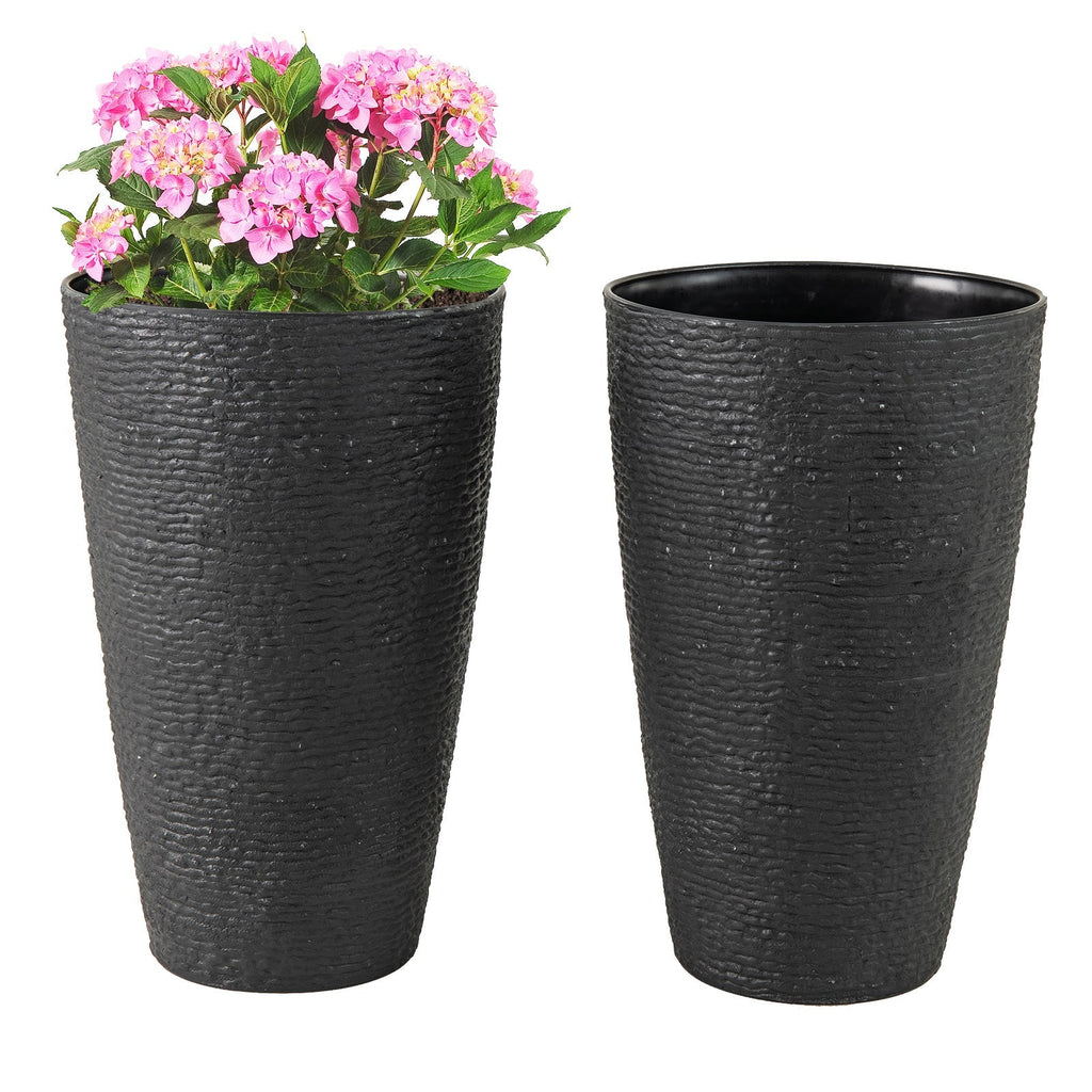 21 Inch Tall Round Plastic Planters Set of 2 Flower Pots with Drainage System-Black - Cheeky Garden