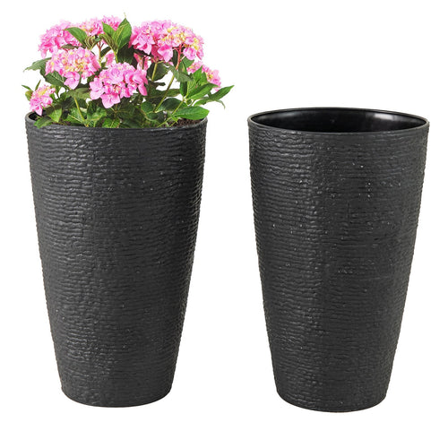 21 Inch Tall Round Plastic Planters Set of 2 Flower Pots with Drainage System-Black - Cheeky Garden