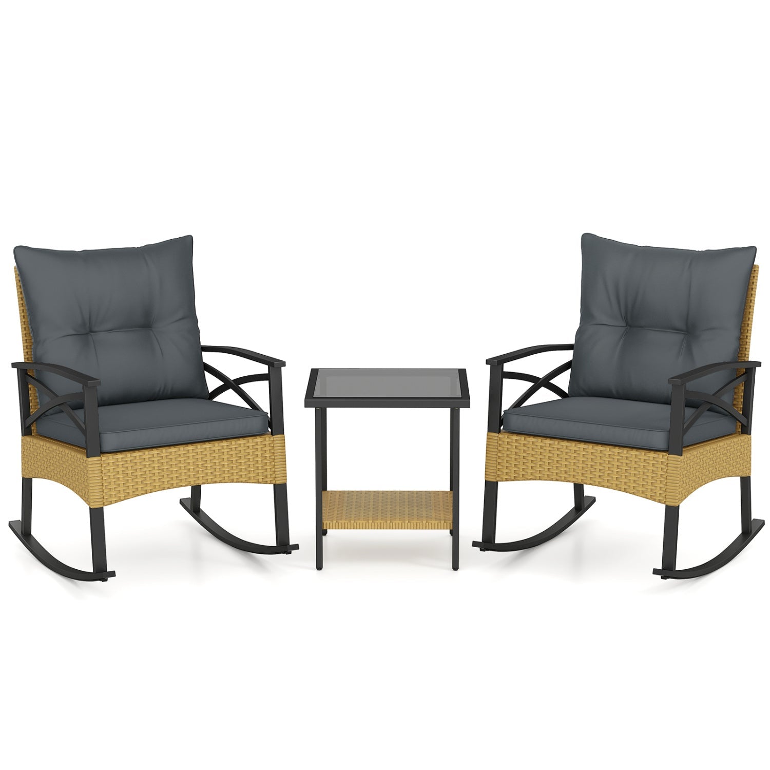 3 Pieces Outdoor Rattan Rocking Chairs Set with 2-Tier Side Table for Garden Backyard - Cheeky Garden