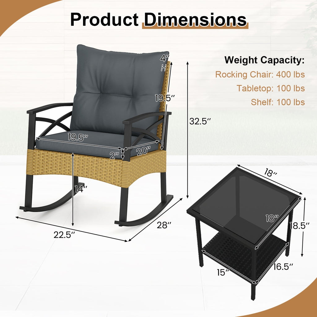 3 Pieces Outdoor Rattan Rocking Chairs Set with 2-Tier Side Table for Garden Backyard - Cheeky Garden