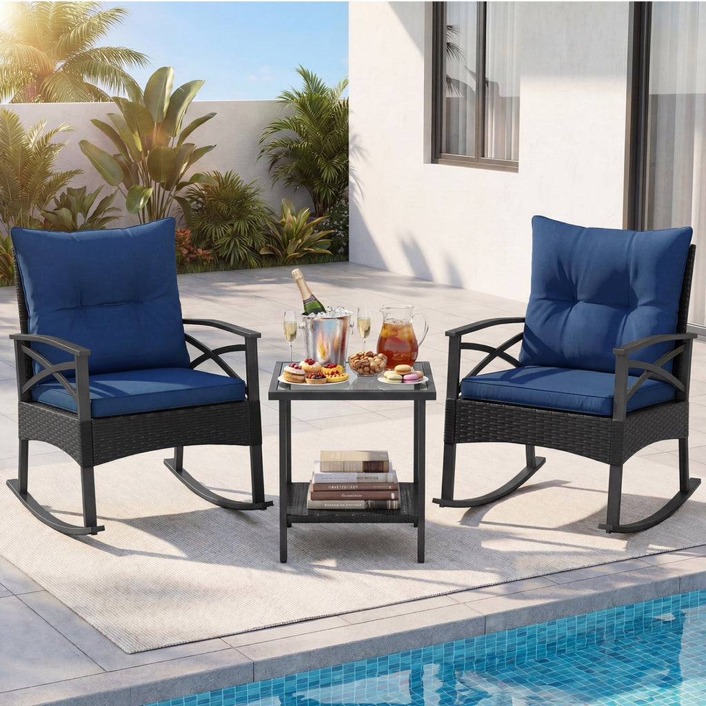 3 Pieces Outdoor Rattan Rocking Chairs Set with 2-Tier Side Table for Garden Backyard - Cheeky Garden