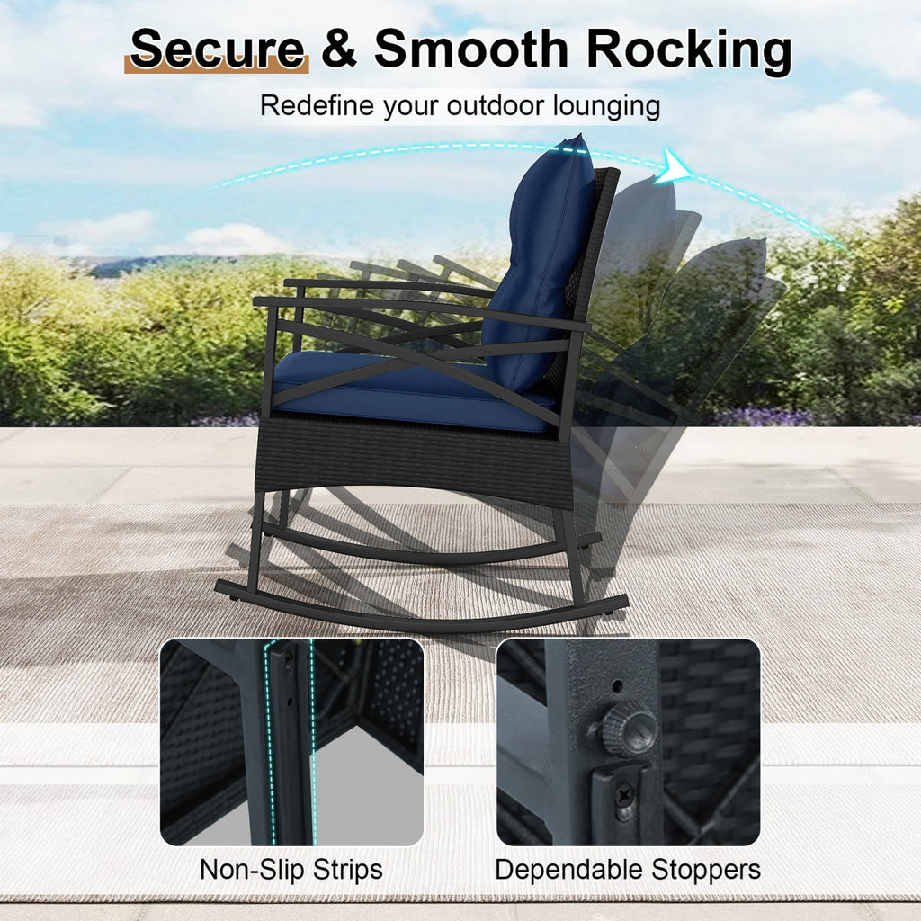 3 Pieces Outdoor Rattan Rocking Chairs Set with 2-Tier Side Table for Garden Backyard - Cheeky Garden
