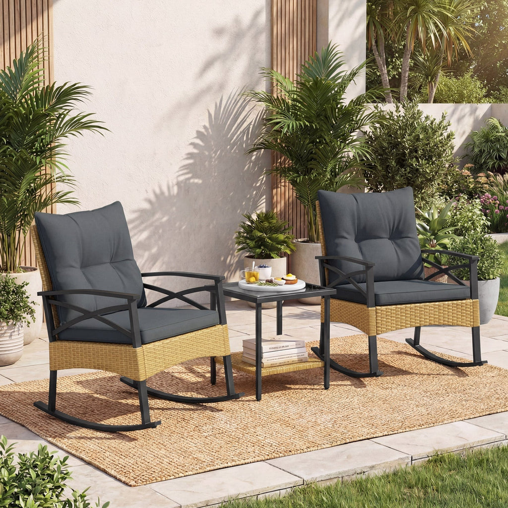 3 Pieces Outdoor Rattan Rocking Chairs Set with 2-Tier Side Table for Garden Backyard - Cheeky Garden