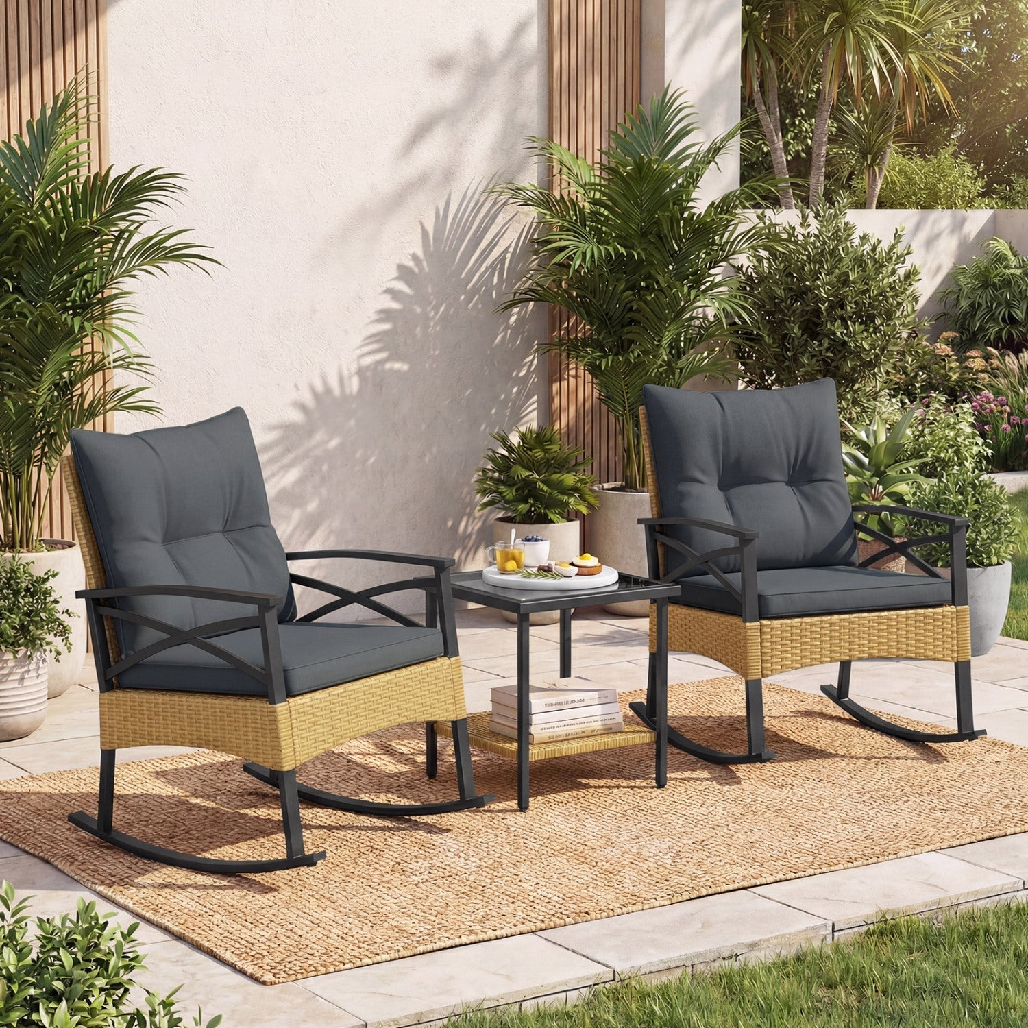 3 Pieces Outdoor Rattan Rocking Chairs Set with 2-Tier Side Table for Garden Backyard - Cheeky Garden