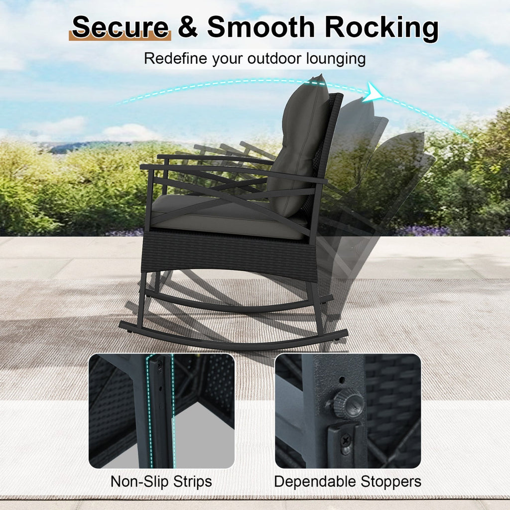 3 Pieces Outdoor Rattan Rocking Chairs Set with 2-Tier Side Table for Garden Backyard - Cheeky Garden