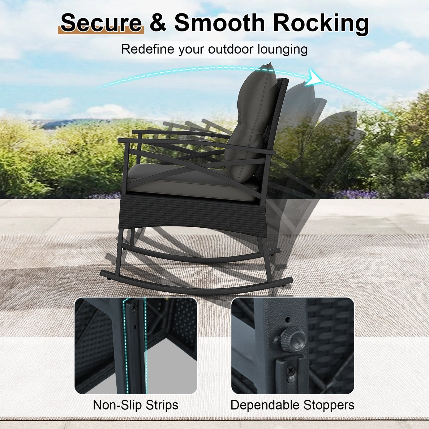 3 Pieces Outdoor Rattan Rocking Chairs Set with 2-Tier Side Table for Garden Backyard - Cheeky Garden