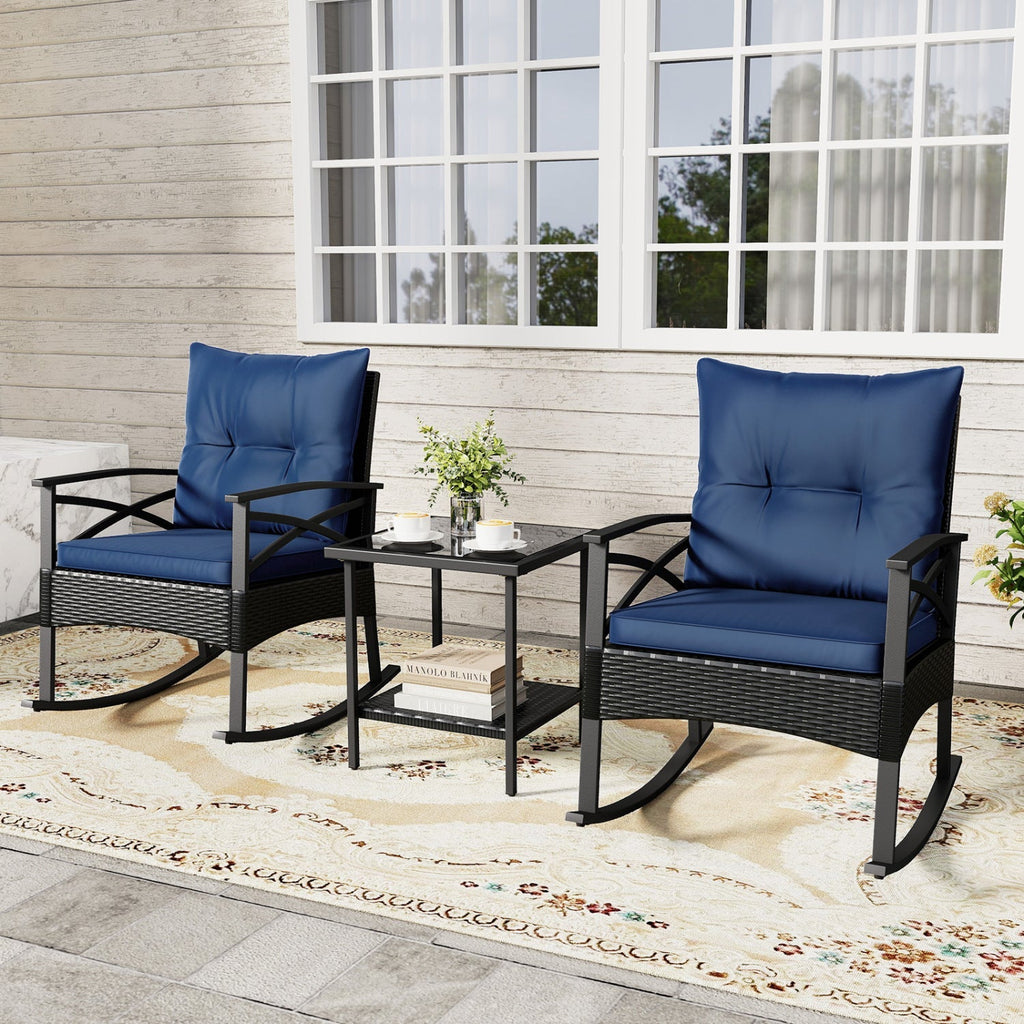 3 Pieces Outdoor Rattan Rocking Chairs Set with 2-Tier Side Table for Garden Backyard - Cheeky Garden