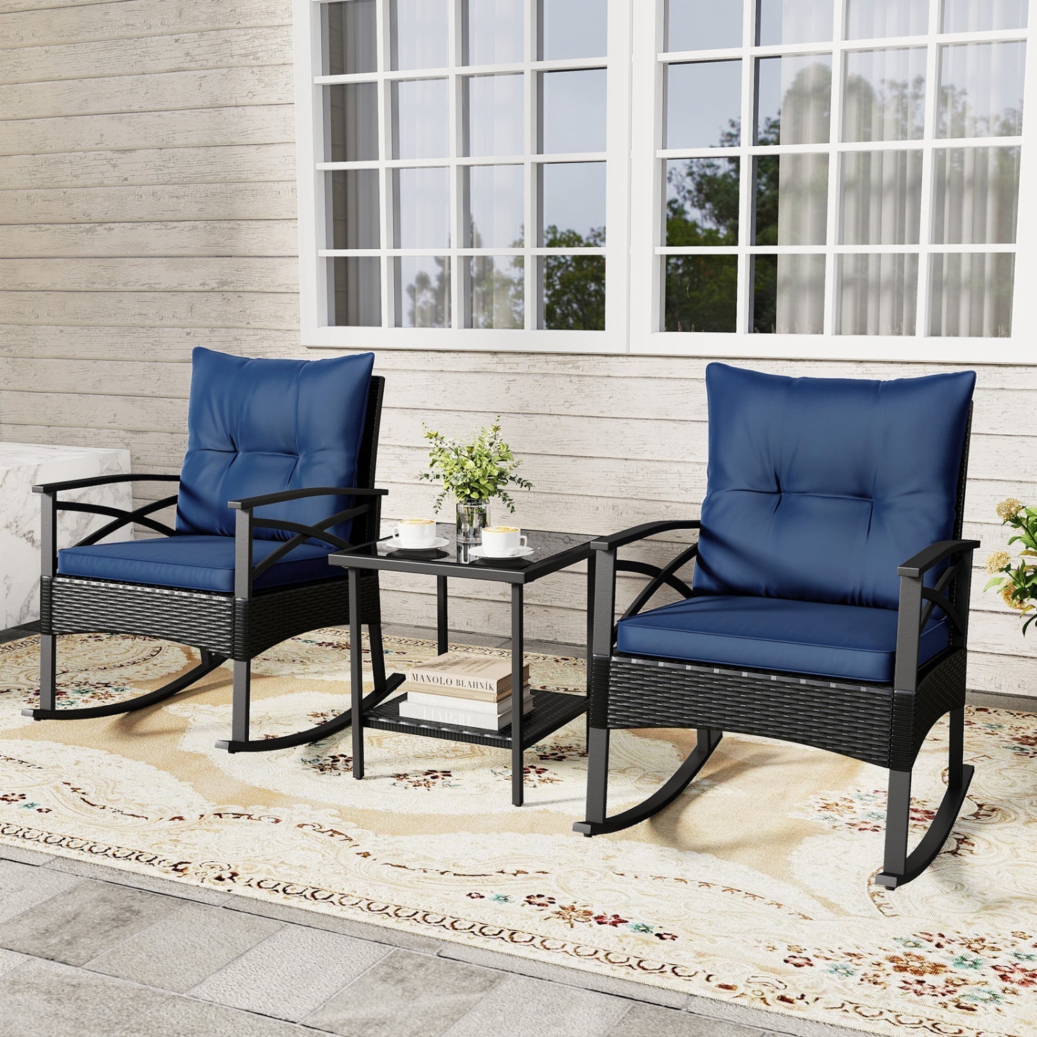 3 Pieces Outdoor Rattan Rocking Chairs Set with 2-Tier Side Table for Garden Backyard - Cheeky Garden