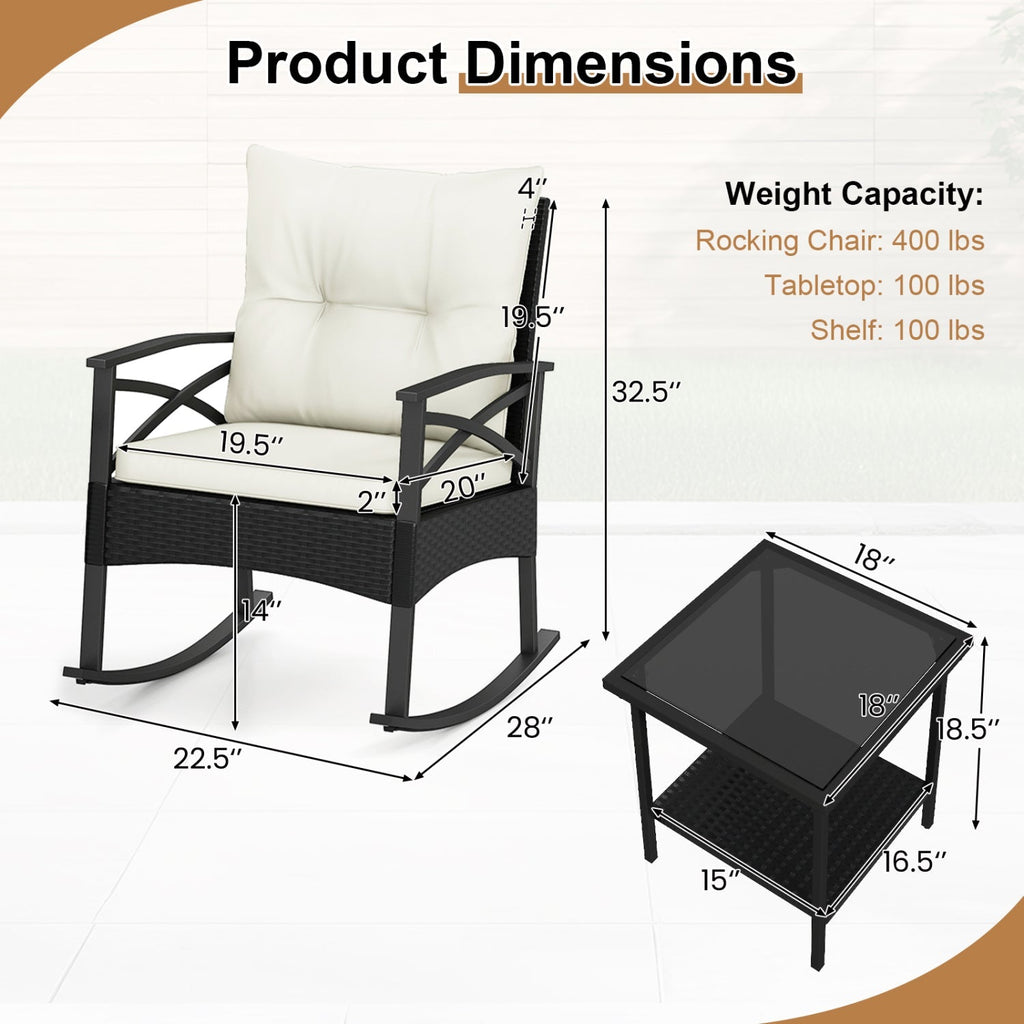 3 Pieces Outdoor Rattan Rocking Chairs Set with 2-Tier Side Table for Garden Backyard - Cheeky Garden