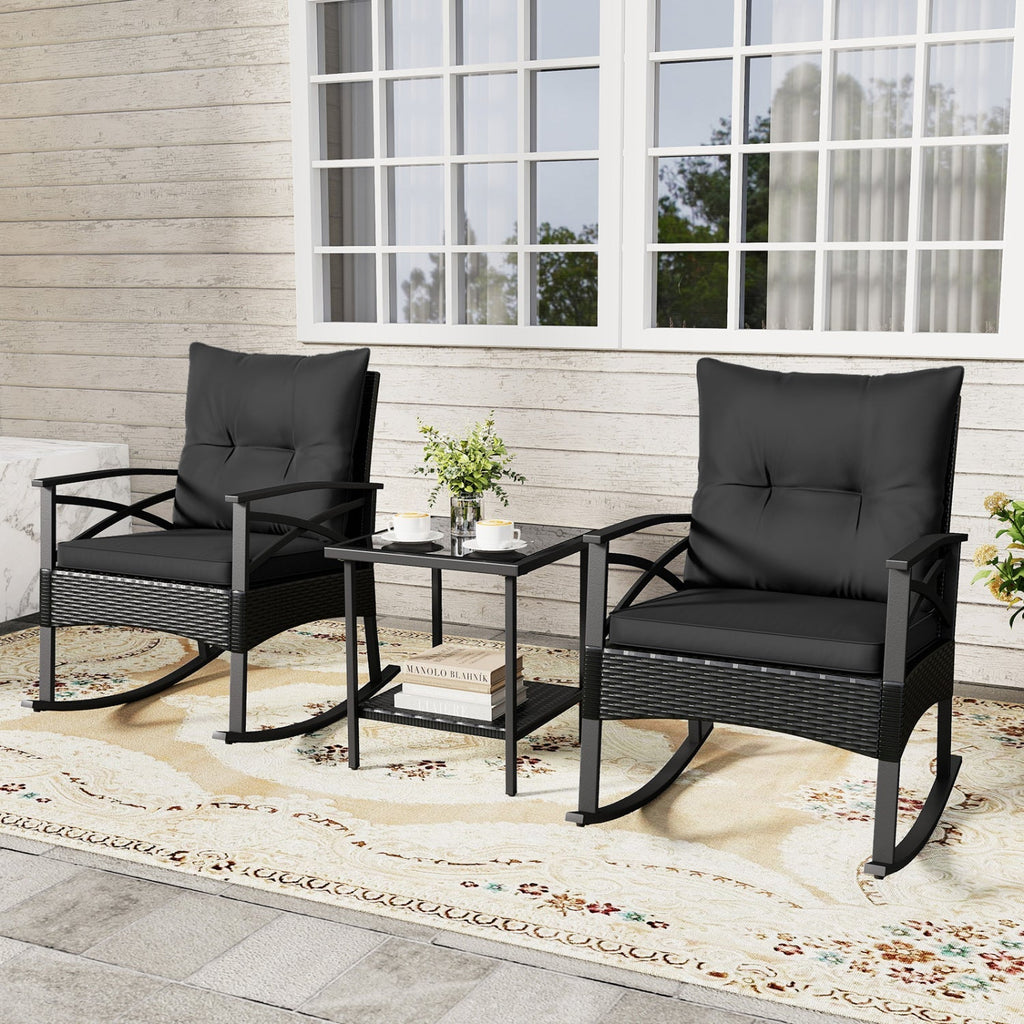 3 Pieces Outdoor Rattan Rocking Chairs Set with 2-Tier Side Table for Garden Backyard - Cheeky Garden