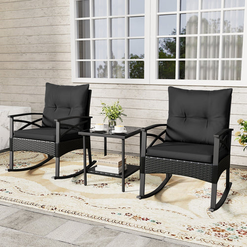 3 Pieces Outdoor Rattan Rocking Chairs Set with 2-Tier Side Table for Garden Backyard - Cheeky Garden