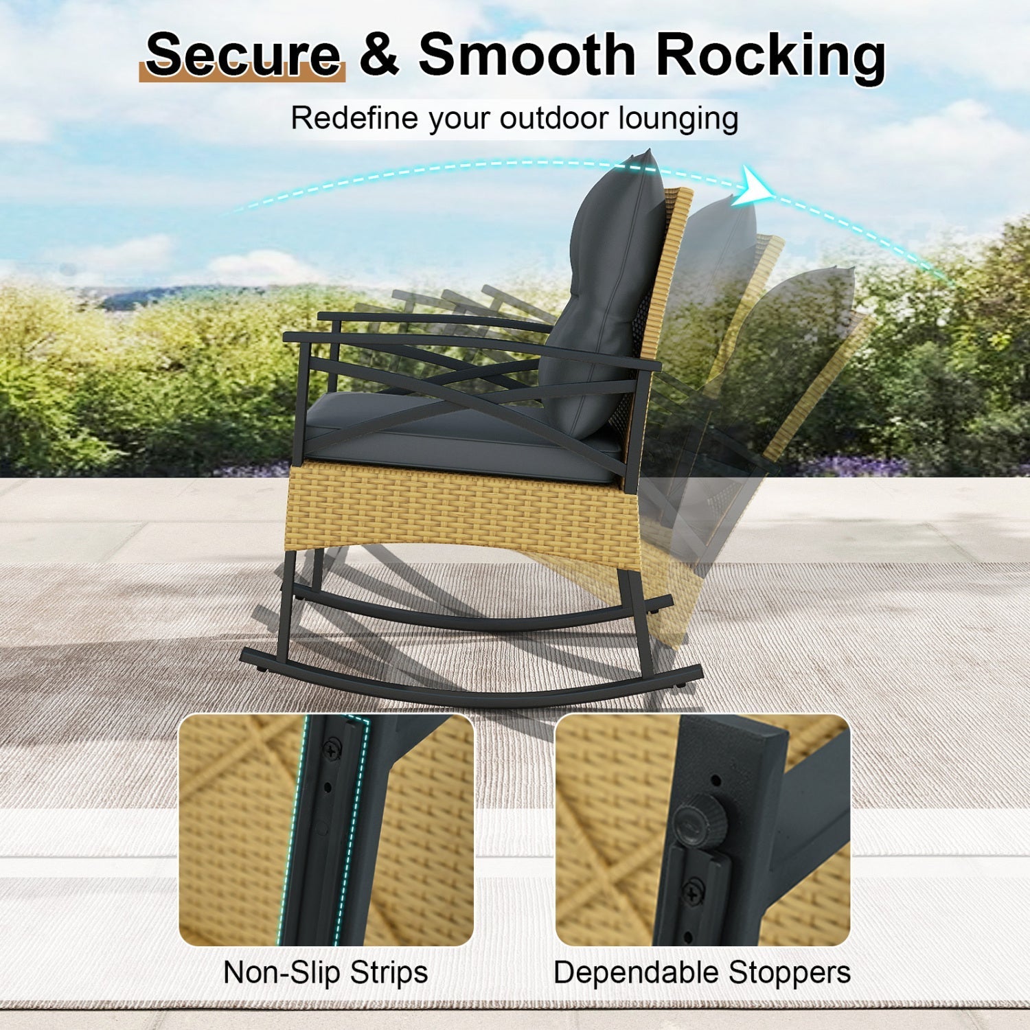 3 Pieces Outdoor Rattan Rocking Chairs Set with 2-Tier Side Table for Garden Backyard - Cheeky Garden