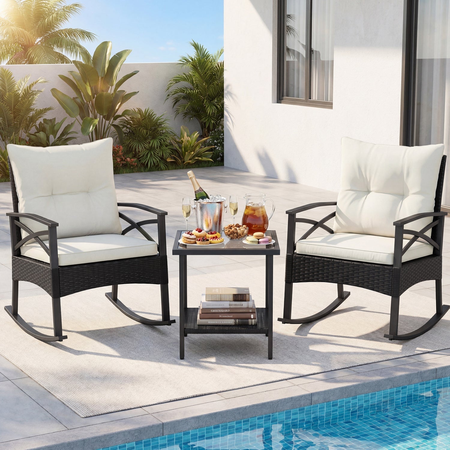 3 Pieces Outdoor Rattan Rocking Chairs Set with 2-Tier Side Table for Garden Backyard - Cheeky Garden