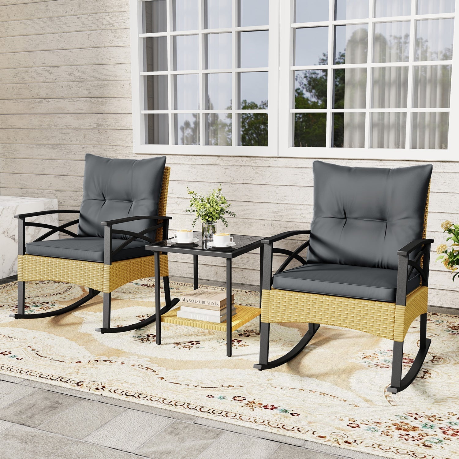 3 Pieces Outdoor Rattan Rocking Chairs Set with 2-Tier Side Table for Garden Backyard - Cheeky Garden